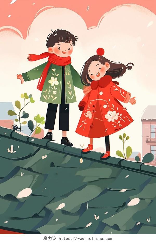 两个小孩在屋顶玩耍除夕春节新年AI插画
